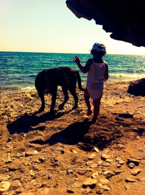 παιδί παραλία θάλασσα με σκυλιά